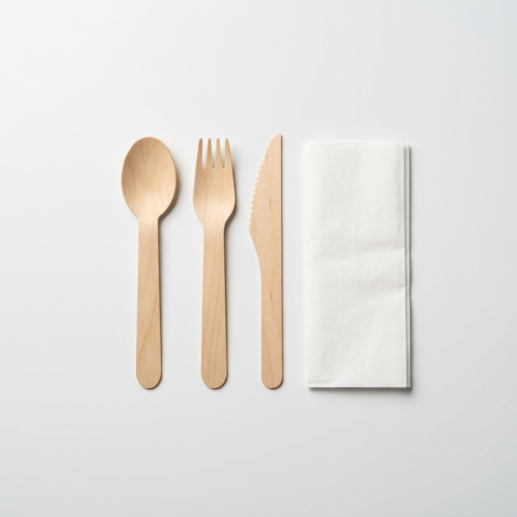 PLASTIC/WOODEN CUTLERY & NAPKINS. TABLEWARE