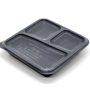 3 COMPARTMENT SQURE BLACK BASE & CLEAR LID TRAY