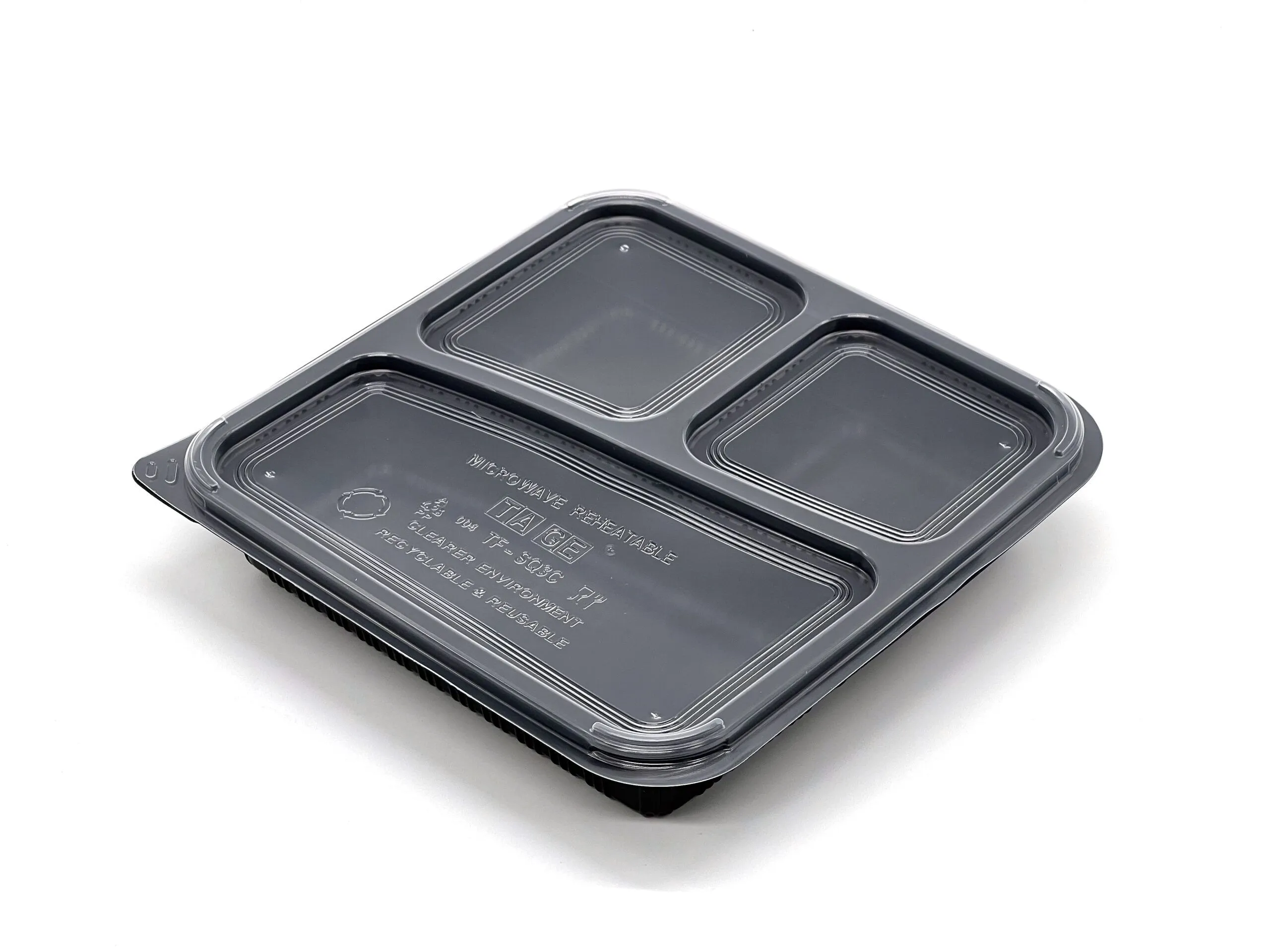 3 COMPARTMENT SQURE BLACK BASE & CLEAR LID TRAY