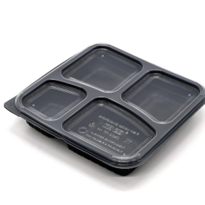 4 COMPARMENT SQURE BLACK BASE & CLEAR LID TRAY