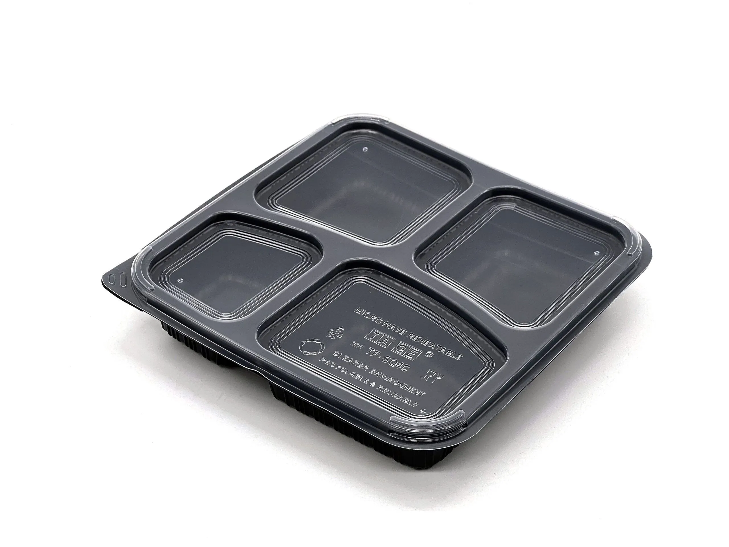 4 COMPARMENT SQURE BLACK BASE & CLEAR LID TRAY
