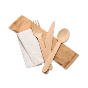 WOODEN MIX INDIVIDUAL WRAPPED CUTLLERY NAPKIN, SPOON, KNIEF, FORK